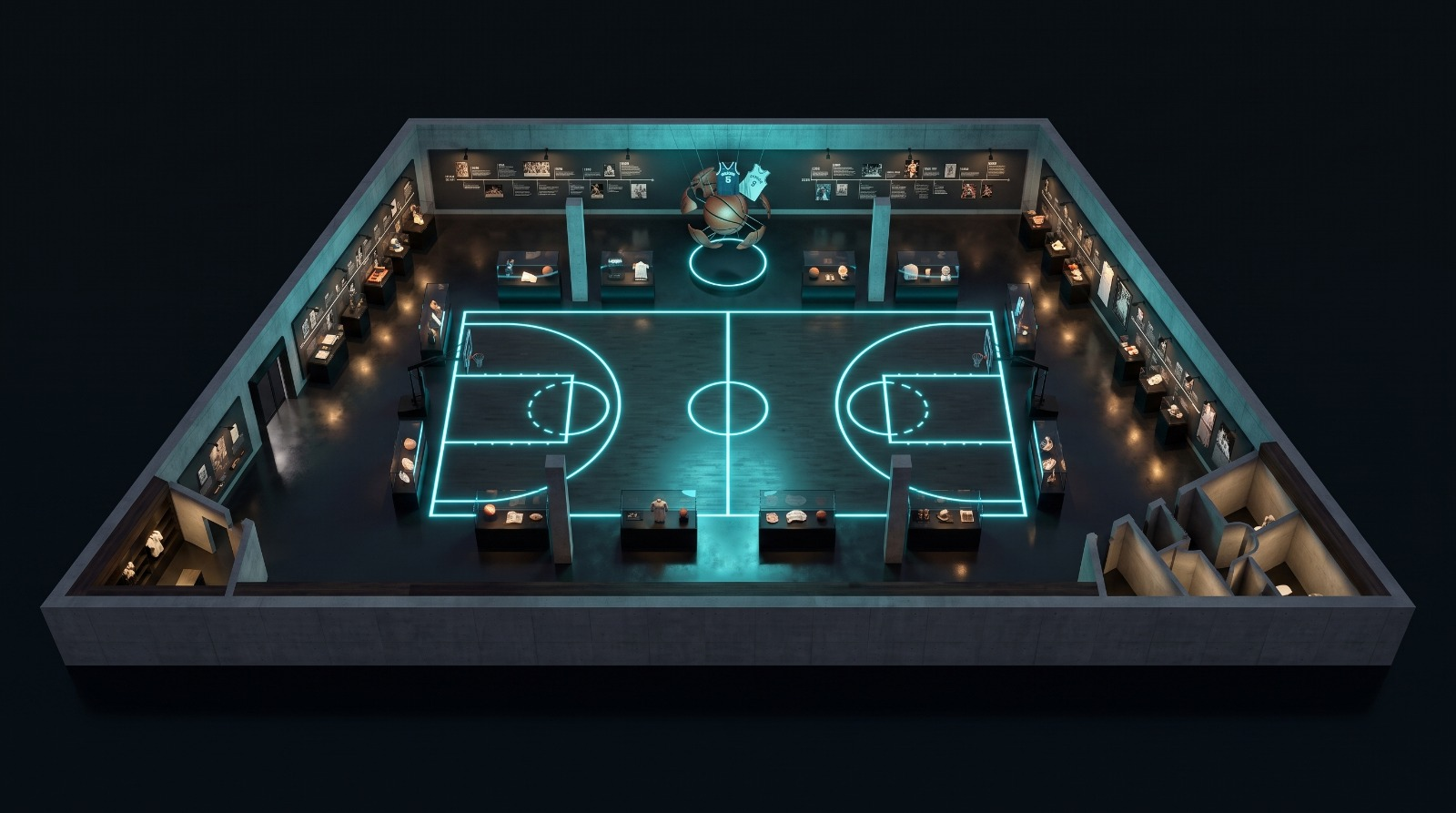Isometric cutaway of the museum showing the neon court, perimeter display cases and side rooms