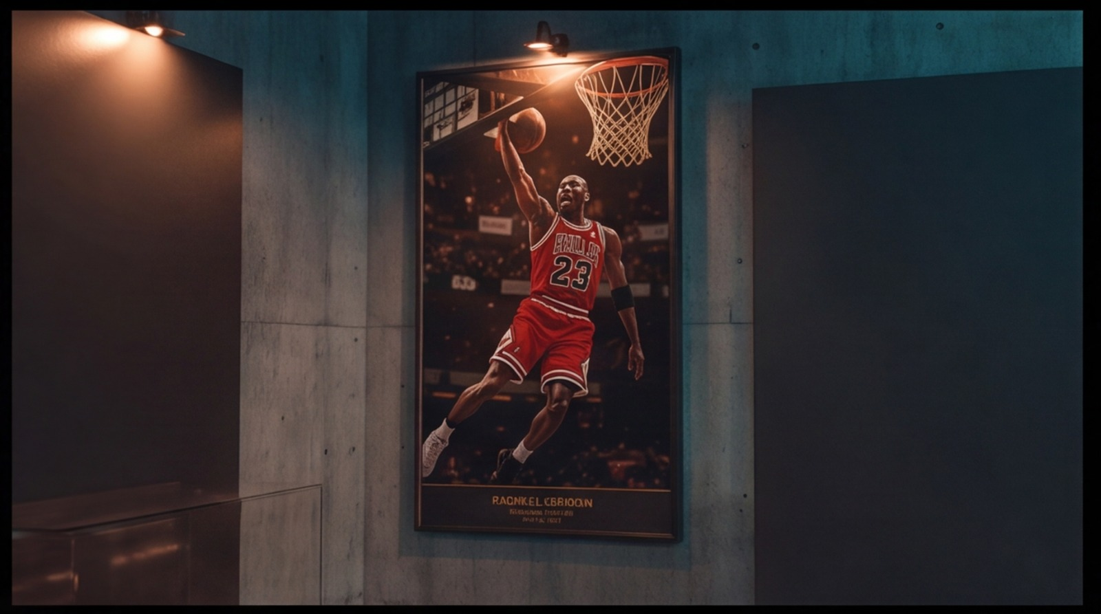 Backlit legend poster in a concrete corridor of the museum