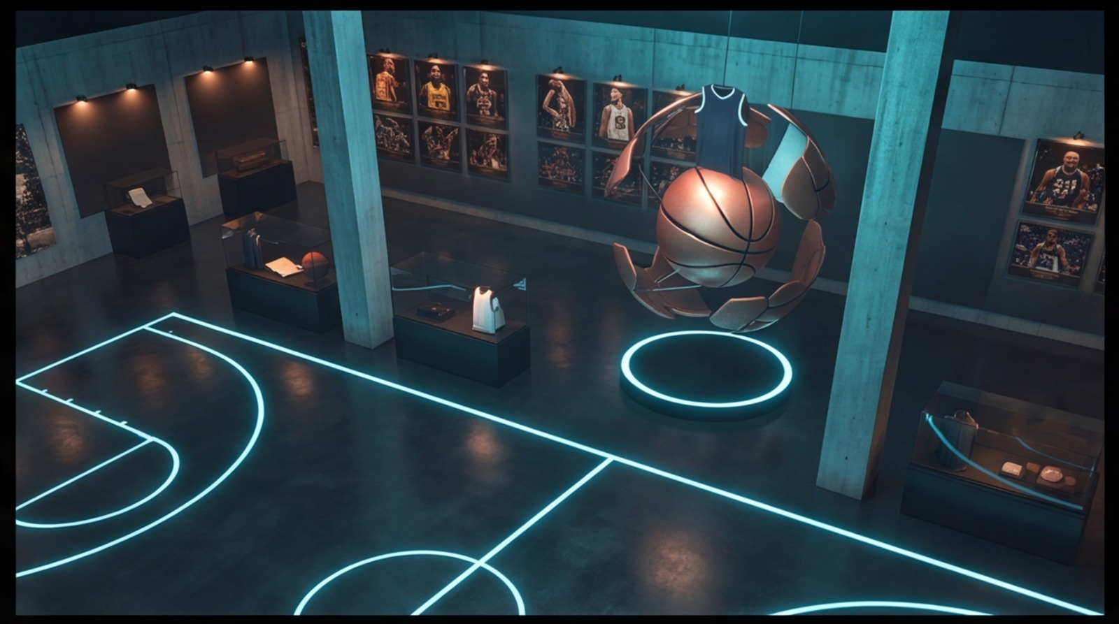 Overhead view of the neon-lit museum court and display cabinets