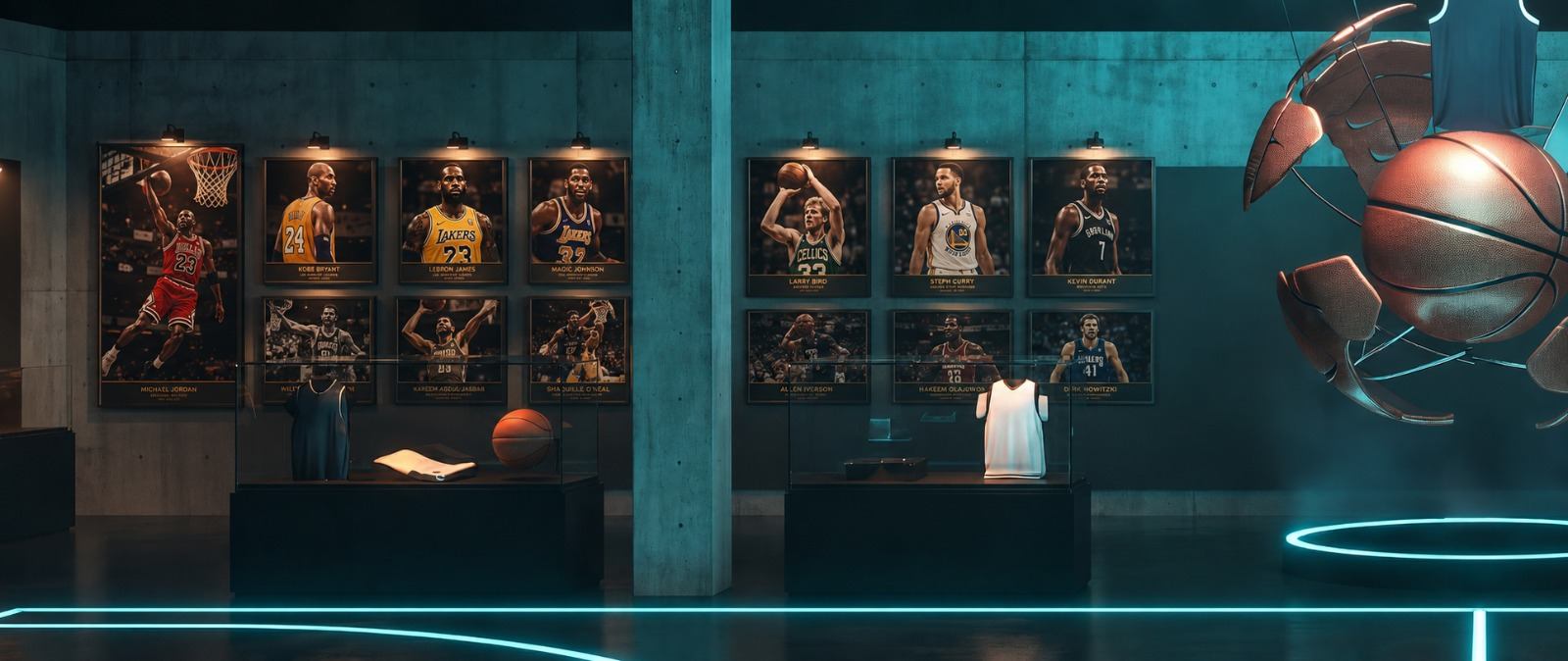 Legends wall of backlit player portraits inside the museum